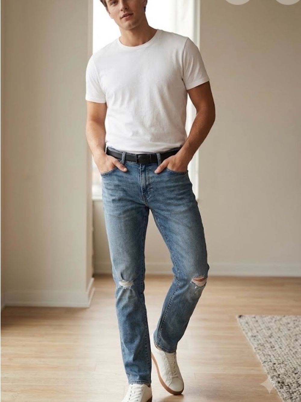 Express Men's Distressed Skinny Jeans in Medium Blue